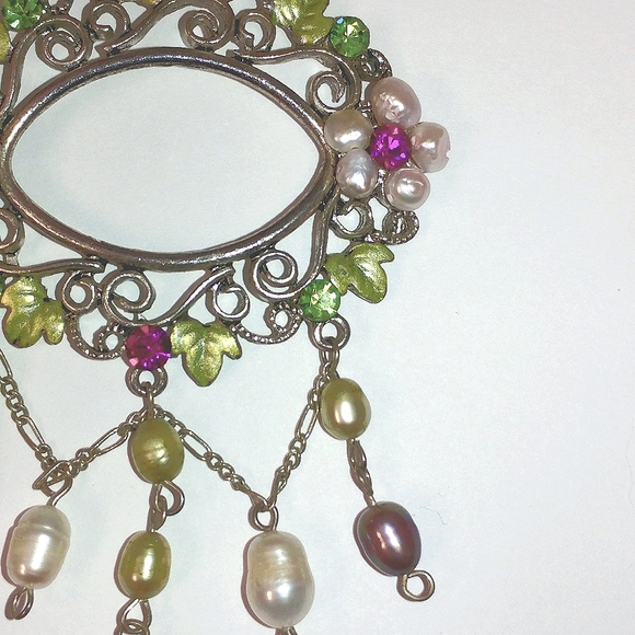 ART NOUVEAU STYLE PENDANT, GENUINE PEARLS & ENAMEL - 30" ROPE CHAIN - Picture 3 of 8